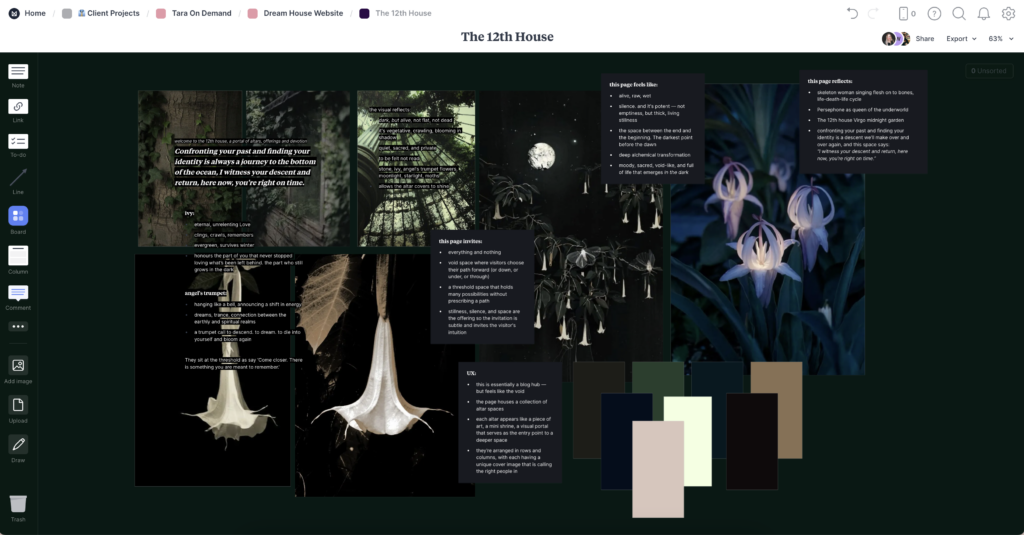 Screenshot of a Milanote moodboard titled "The 12th House," part of the Tara On Demand Dream House Website project. The board features a dark, moody aesthetic with botanical images of ivy and angel’s trumpet flowers, handwritten-style notes, and descriptions about themes like the life–death–life cycle, sacred thresholds, silence, and descent. The color palette includes deep greens, black, soft lavender, beige, and muted white. The board outlines visual and UX direction for a shadowy, spiritual blog hub space meant to hold digital altar pages.